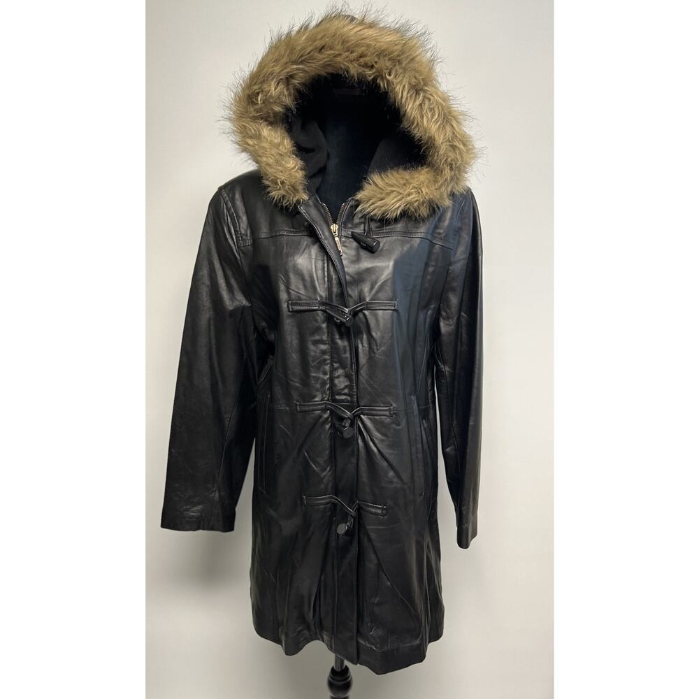 Vintage‎ Soft Lambskin Leather Womens Coat Toggle Faux Fur Trim XL Grunge Goth